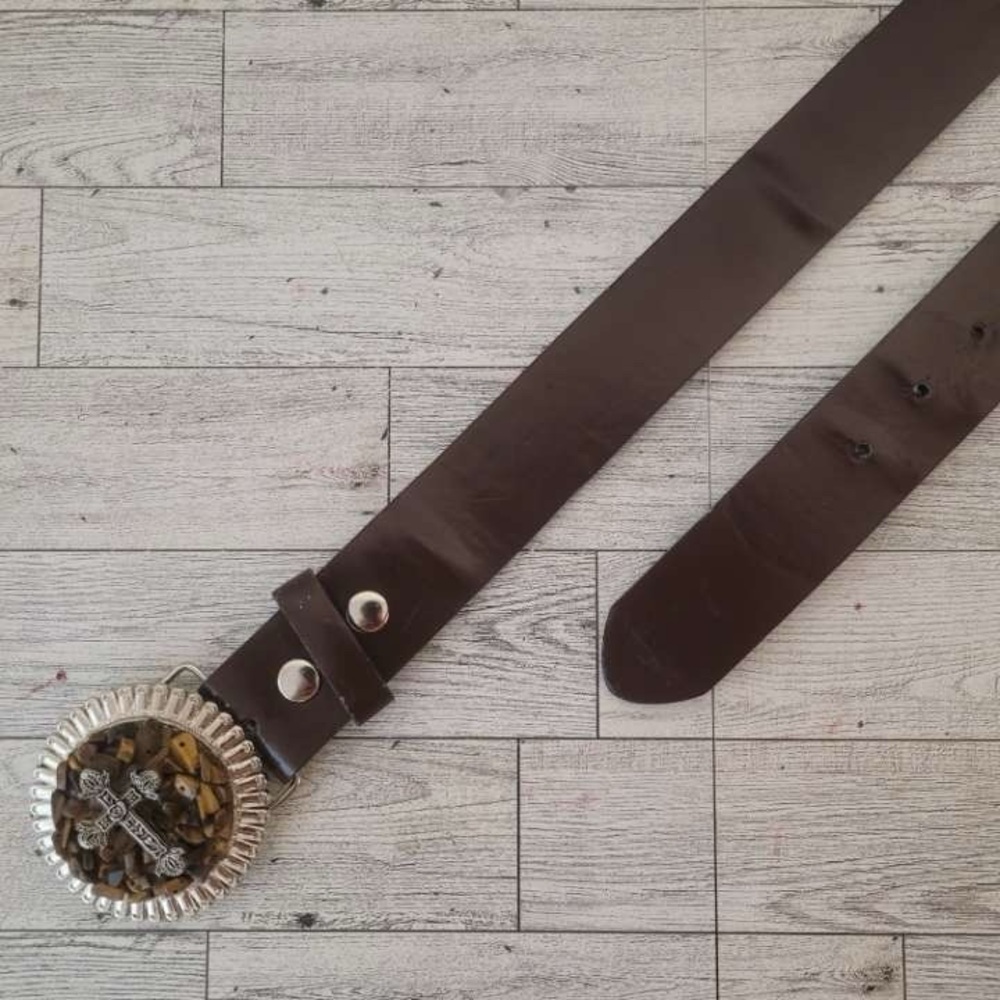 Women's Western Brown Leather Bedazzled Cross Buckle Cowgirl Belt Size S 30